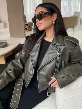 Zara Brown/Green Faux Leather Biker Jacket w/ Silver Hardware